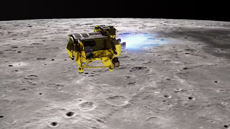 Concepção artística mostra o módulo SLIM sobrevoando a superfície da Lua. Crédito: JAXA.