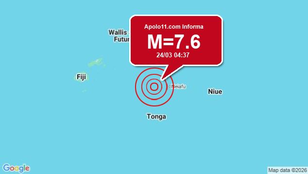Forte terremoto sacode Tonga, a 153 km de Neiafu