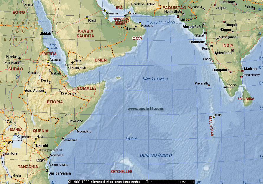 Mapa do Oceano Índico, Arábia e costa da Índia